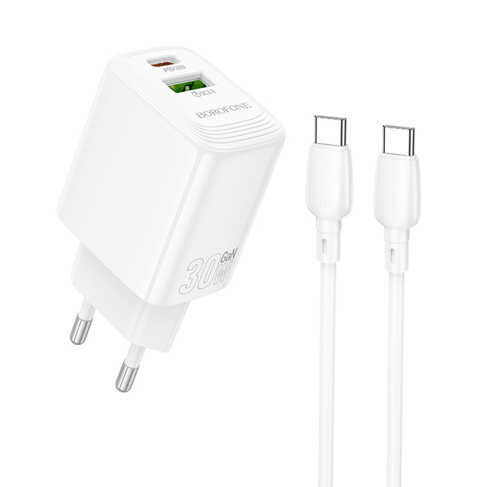 Caricabatterie Rete Con Cavo USB-C Borofone BN29 Fuente, 30W, 3A, 1 x USB-A - 1 x USB-C, Bianco