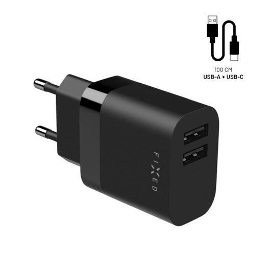Caricabatterie da rete con cavo USB-C Fixed, 17W, 3A, 2 x USB-A, Nero