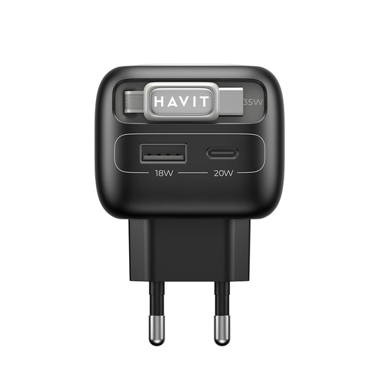 Caricabatterie da Rete con Cavo USB-C HAVIT UC251, 35W, 3A, 1 x USB-A - 1 x USB-C, Nero Grigio