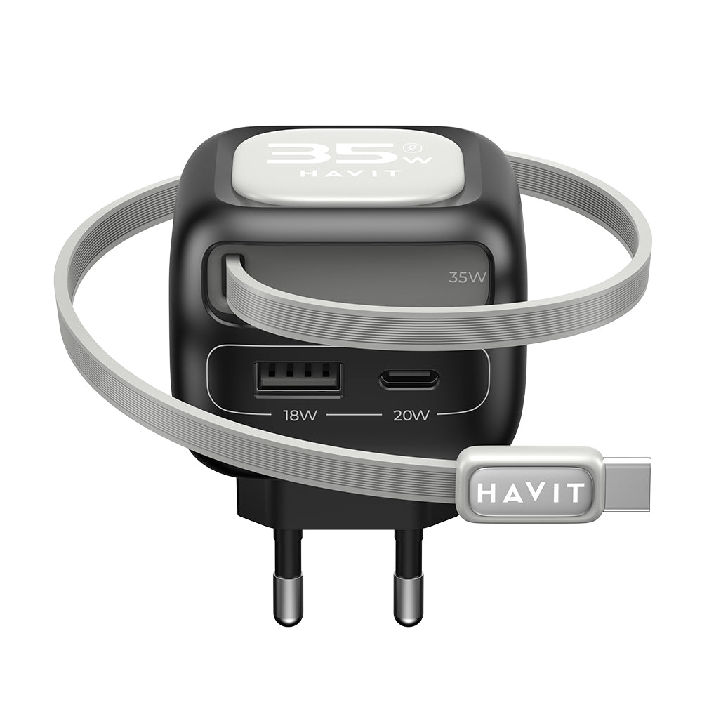 Caricabatterie da Rete con Cavo USB-C HAVIT UC251, 35W, 3A, 1 x USB-A - 1 x USB-C, Nero Grigio