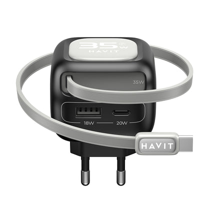 Caricabatterie da Rete con Cavo USB-C HAVIT UC251, 35W, 3A, 1 x USB-A - 1 x USB-C, Nero Grigio