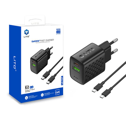 Caricabatterie Rete Con Cavo USB-C Lito LC19T, 30W, 3A, 1 x USB-A - 1 x USB-C, Nero