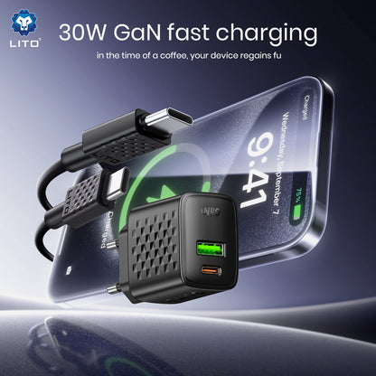 Caricabatterie Rete Con Cavo USB-C Lito LC19T, 30W, 3A, 1 x USB-A - 1 x USB-C, Nero