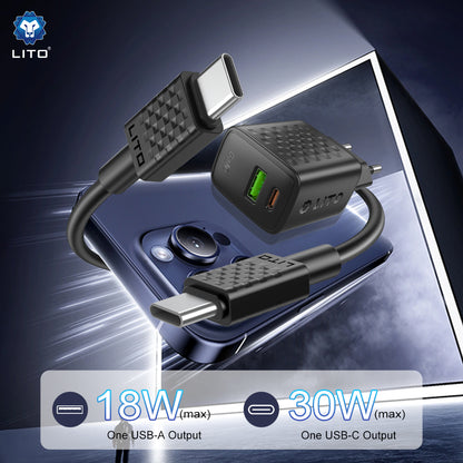 Caricabatterie Rete Con Cavo USB-C Lito LC19T, 30W, 3A, 1 x USB-A - 1 x USB-C, Nero