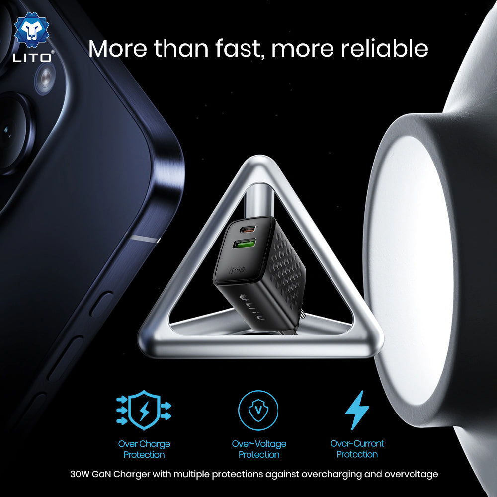 Caricabatterie Rete Con Cavo USB-C Lito LC19T, 30W, 3A, 1 x USB-A - 1 x USB-C, Nero