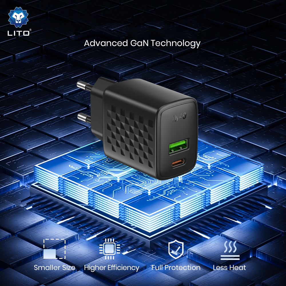 Caricabatterie Rete con Cavo USB-C Lito LC24T, 65W, 3.25A, 1 x USB-A - 1 x USB-C, Nero