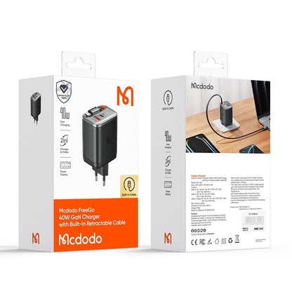 Caricabatterie Rete con Cavo USB-C McDodo CH-4281 FreeGo Display, 40W, 3A, 1 x USB-A - 1 x USB-C, Nero