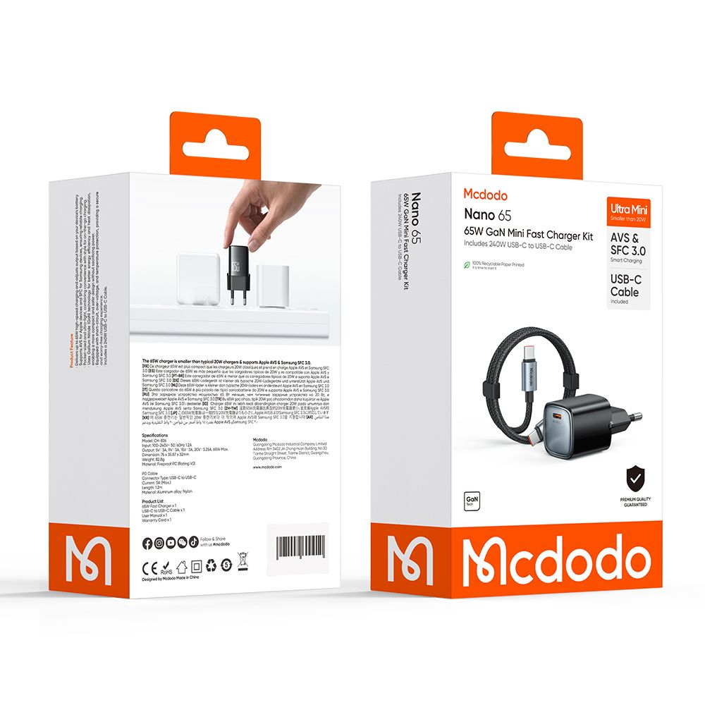 Caricatore da rete con cavo USB-C Mcdodo Nano CH-8262, 65W, 3.25A, 1 x USB-C, Nero
