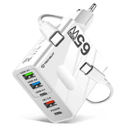 Caricabatterie Rete con Cavo USB-C Techsuit CHC1 PentaXPower, 25W, 3A, 3 x USB-A - 2 x USB-C, Bianco