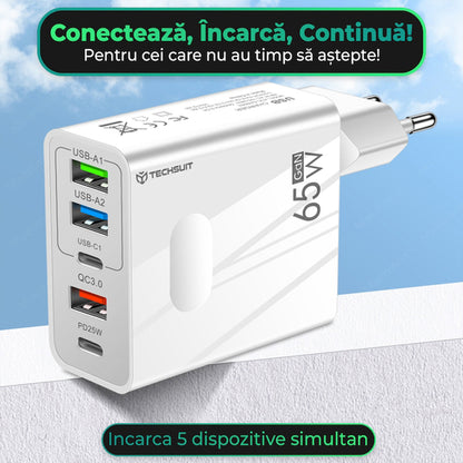 Caricabatterie Rete con Cavo USB-C Techsuit CHC1 PentaXPower, 25W, 3A, 3 x USB-A - 2 x USB-C, Bianco