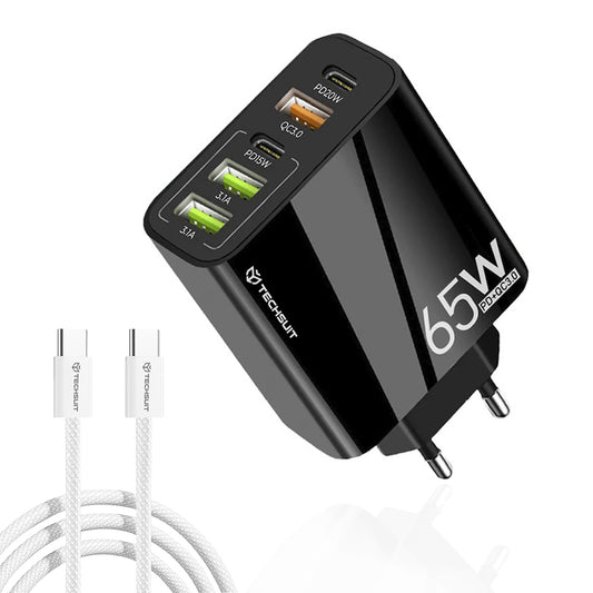 Caricabatterie Rete con Cavo USB-C Techsuit CHC2 PentaXPower, 20W, 3A, 3 x USB-A - 2 x USB-C, Nero