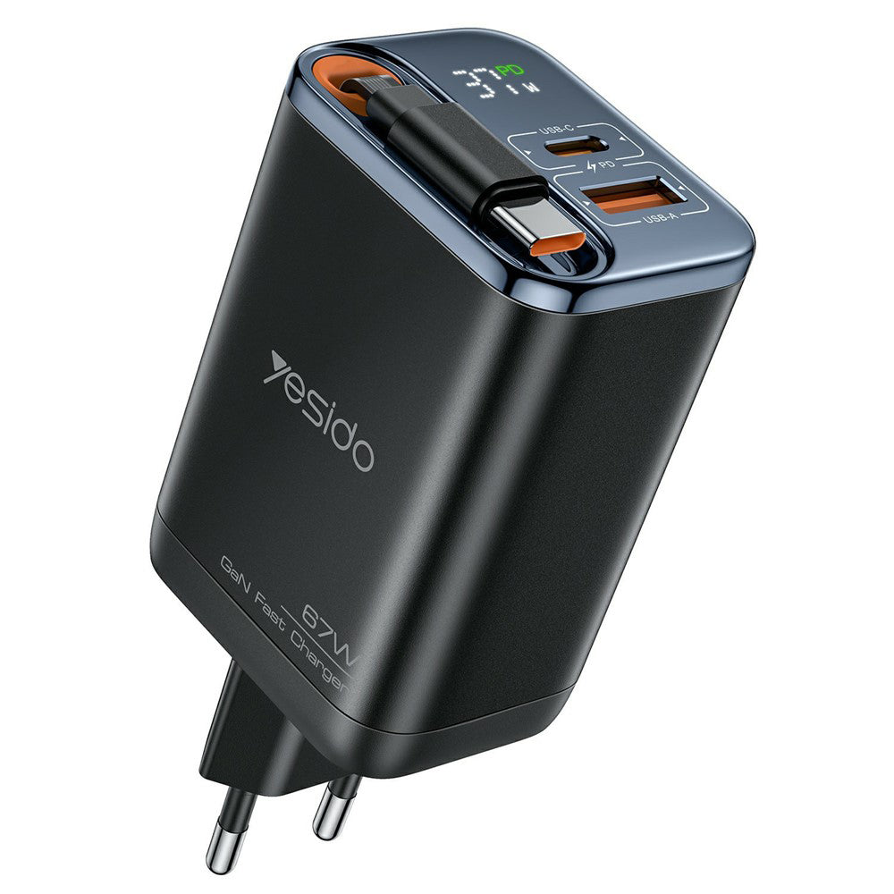 Caricabatterie Rete con Cavo USB-C Yesido YC100 Display, 67W, 3.35A, 1 x USB-A - 1 x USB-C, Nero