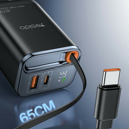 Caricabatterie Rete con Cavo USB-C Yesido YC100 Display, 67W, 3.35A, 1 x USB-A - 1 x USB-C, Nero