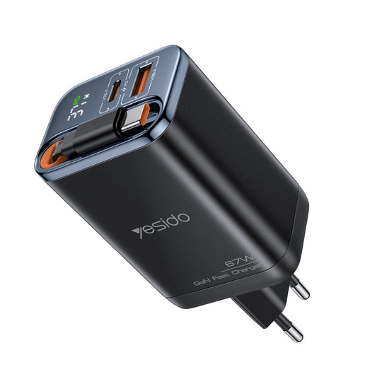 Caricabatterie Rete con Cavo USB-C Yesido YC100 Display, 67W, 3.35A, 1 x USB-A - 1 x USB-C, Nero