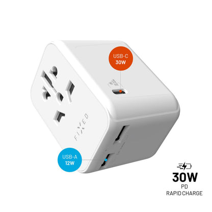 Caricabatterie Retea Fixed Travel, 30W, 3A, 2 x USB-A - 1 x USB-C, Bianco