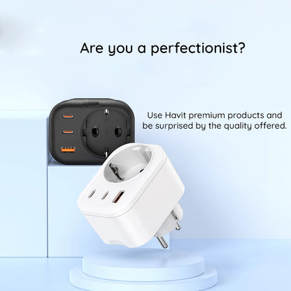 Caricabatterie da Rete HAVIT UC142, 30W, 3A, 1 x USB-A - 2 x USB-C - 1 x Schuko, Nero