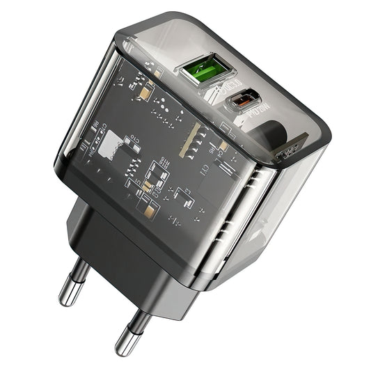 Caricabatterie Rete HOCO N34, 20W, 3A, 1 x USB-A - 1 x USB-C, Trasparente