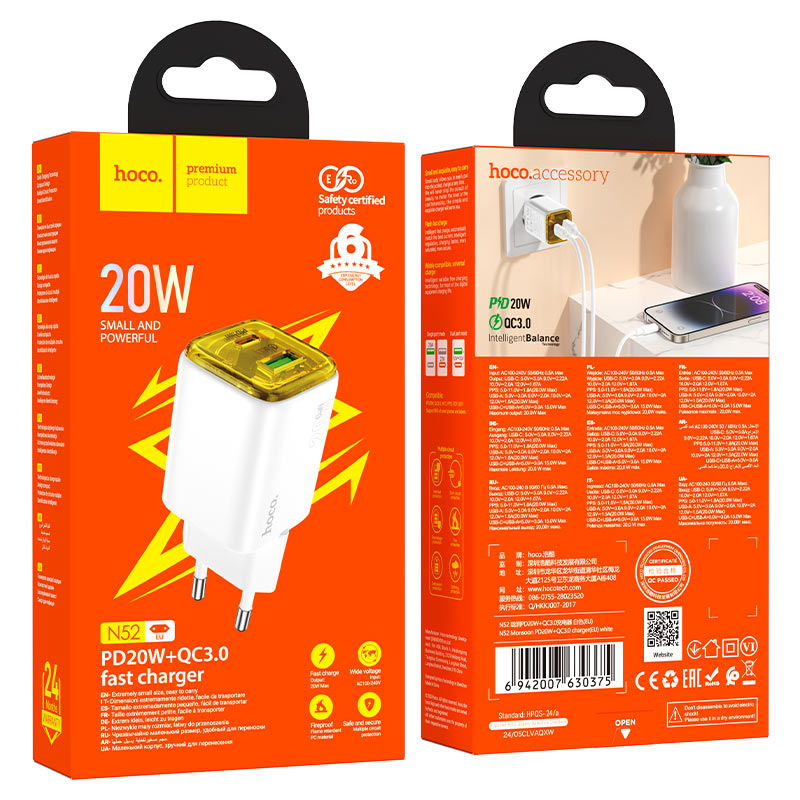 Caricabatterie Rete HOCO N52, 20W, 3A, 1 x USB-A - 1 x USB-C, Bianco