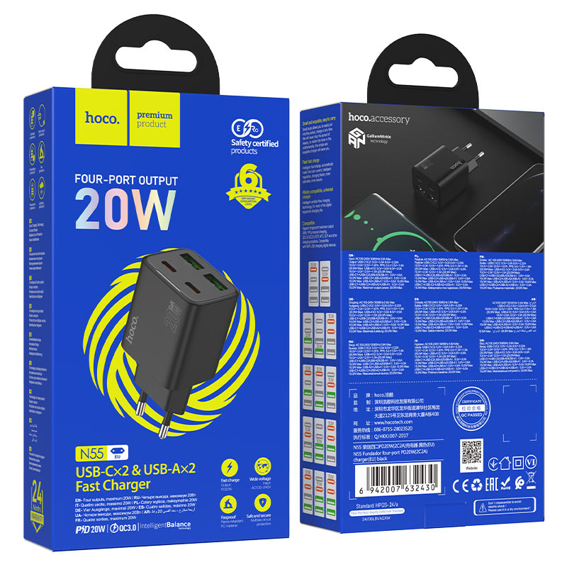 Caricabatterie Rete HOCO N55, 20W, 3A, 2 x USB-A - 2 x USB-C, Nero
