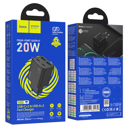 Caricabatterie Rete HOCO N55, 20W, 3A, 2 x USB-A - 2 x USB-C, Nero