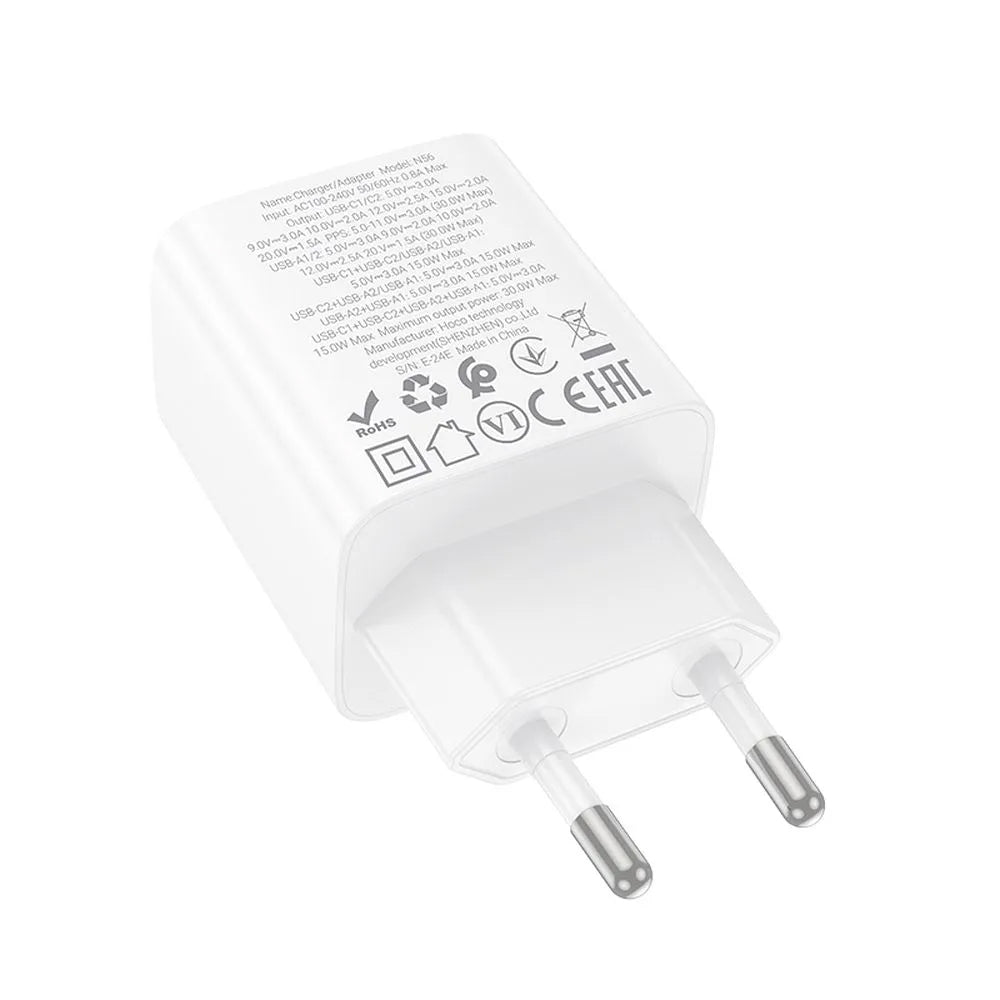 Caricabatterie Rete HOCO N56, 30W, 3A, 2 x USB-A - 2 x USB-C, Bianco