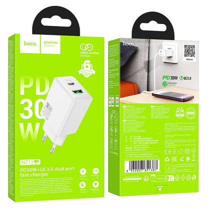 Caricabatterie da Rete HOCO N71, 30W, 3A, 1 x USB-A - 1 x USB-C, Bianco