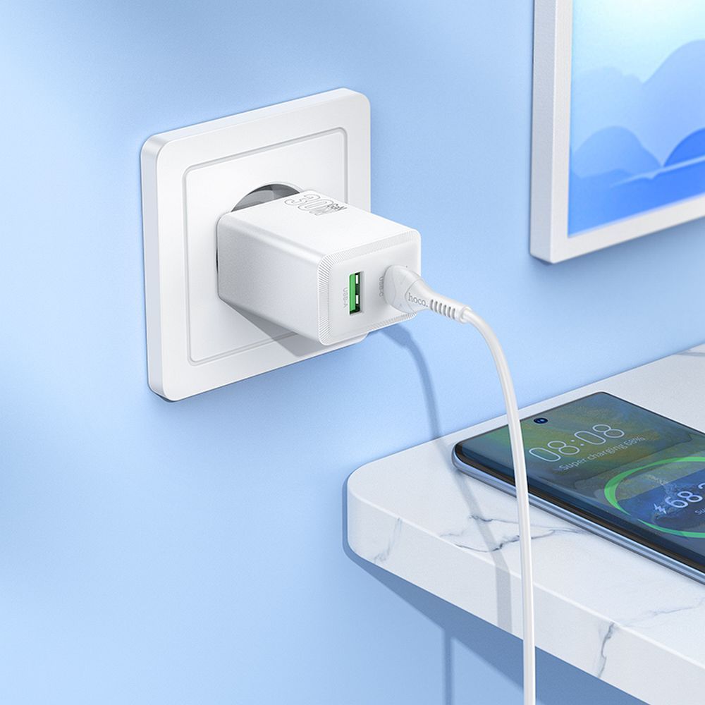 Caricabatterie da Rete HOCO N71, 30W, 3A, 1 x USB-A - 1 x USB-C, Bianco
