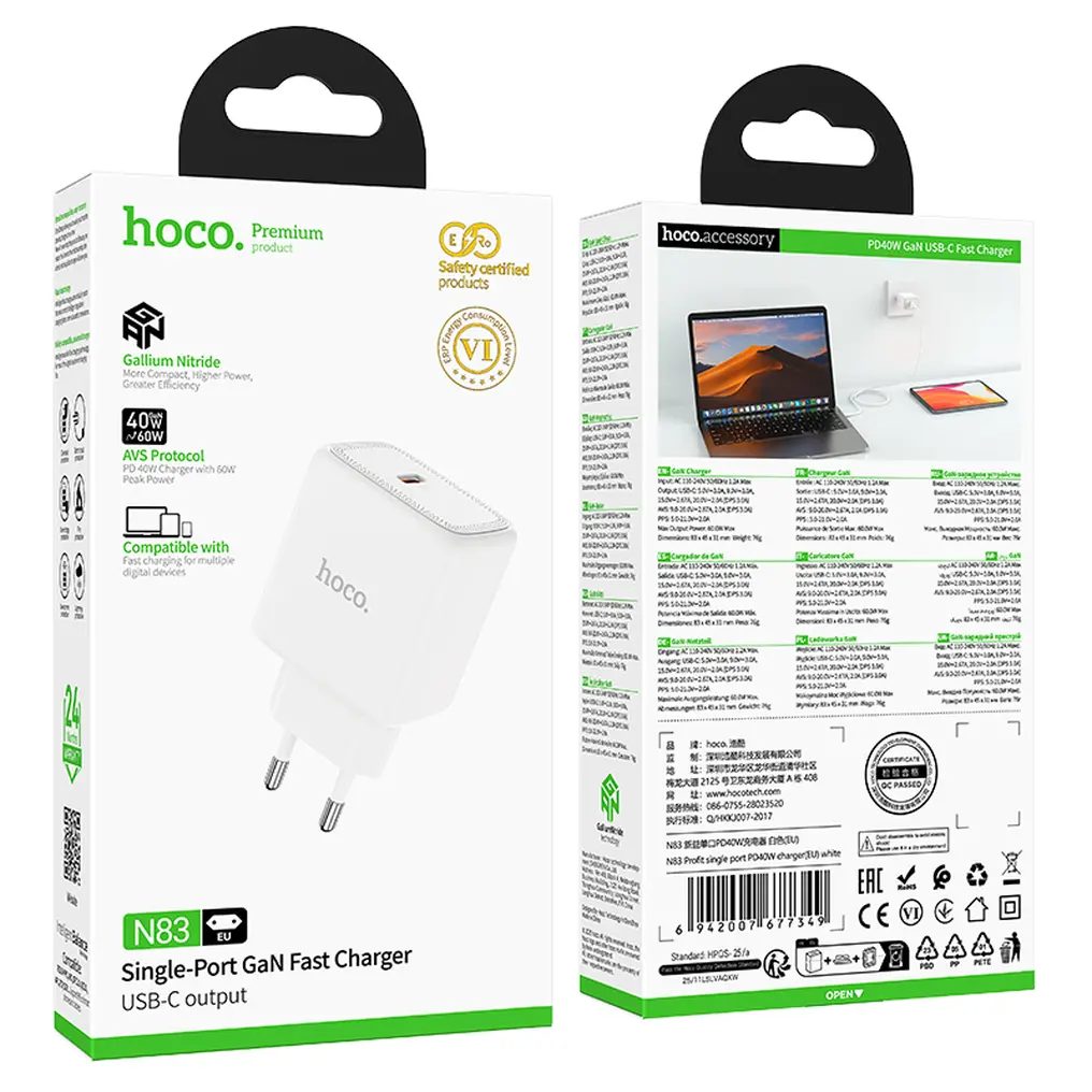Caricatore da rete HOCO N83, 40W, 3A, 1 x USB-C, Bianco