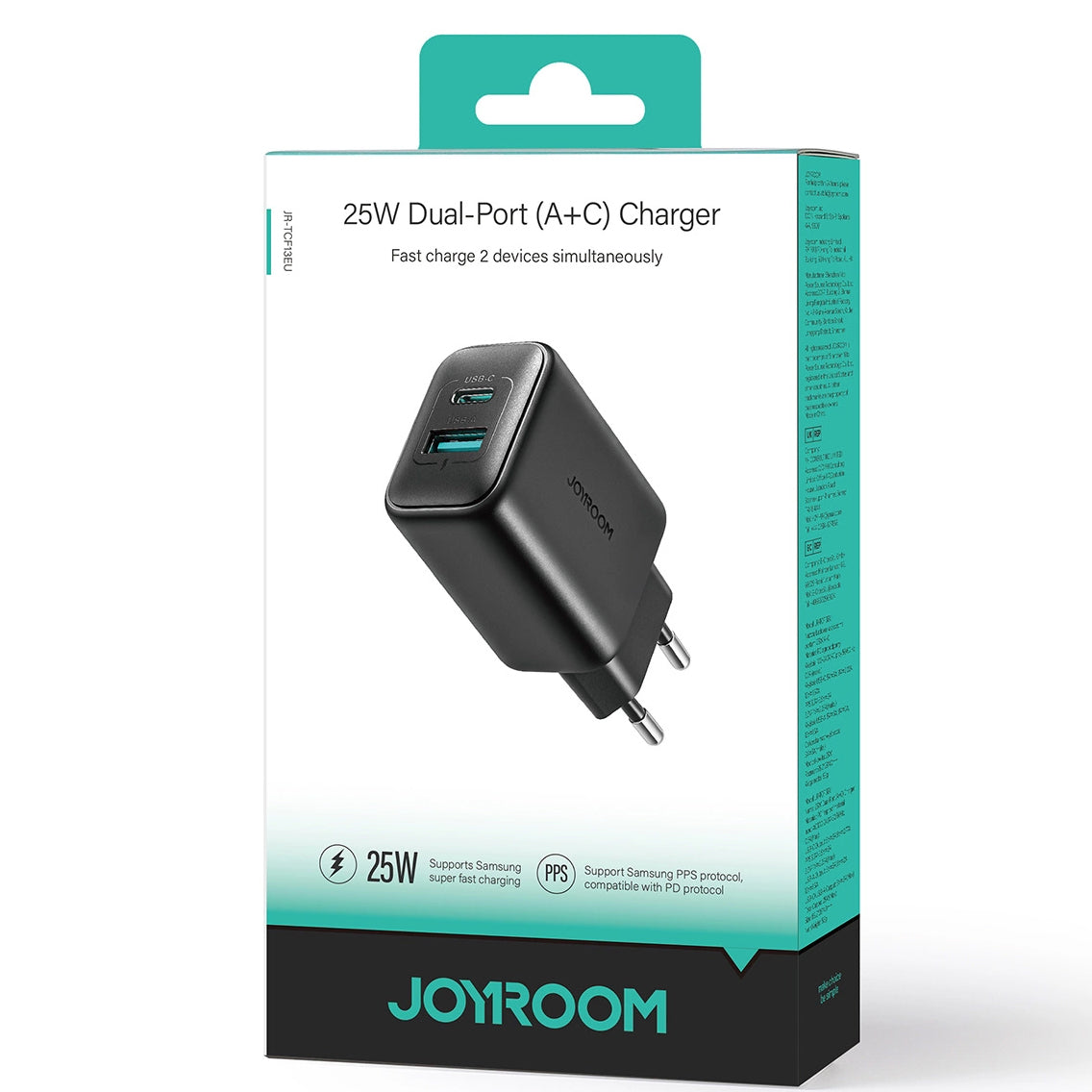 Joyroom JR-TCF13 Network Charger, 25W, 3A, 1 x USB-A - 1 x USB-C, Black