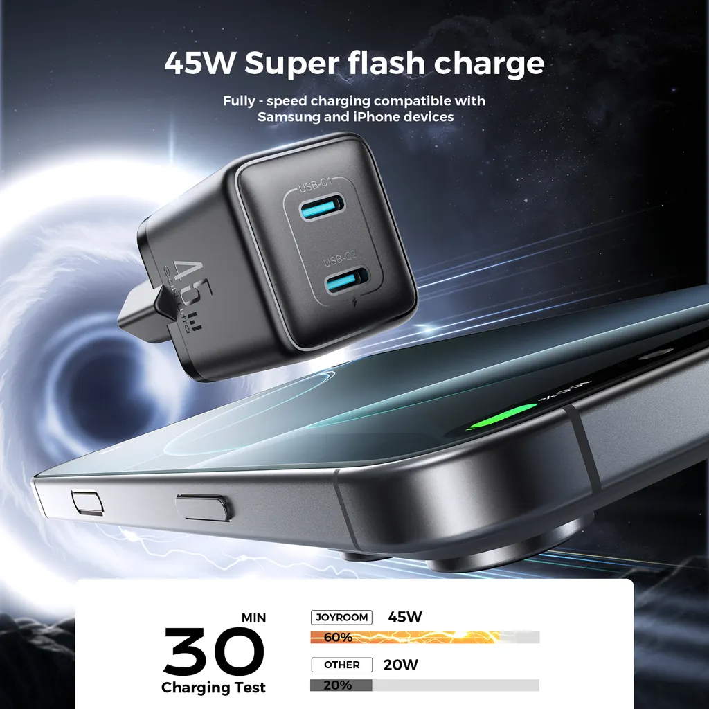 Joyroom JR-TCG17 Network Charger, 45W, 3A, 2 x USB-C, Black