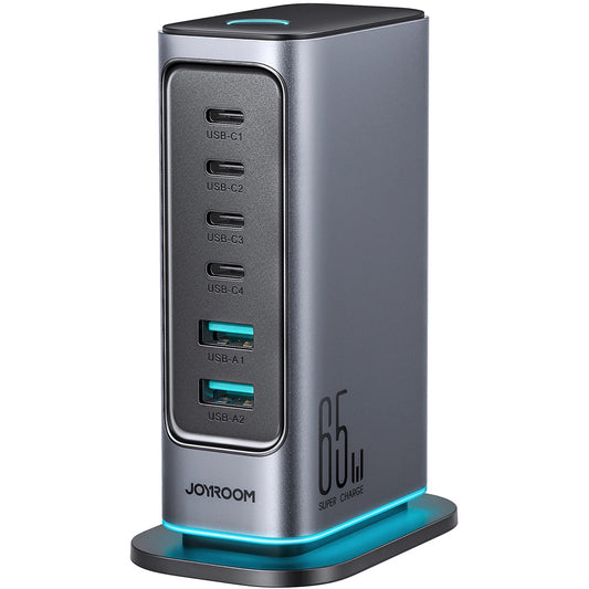 Caricabatterie Stazione Joyroom JR-TCM02, 65W, 3.25A, 2 x USB-A - 4 x USB-C, Grigio