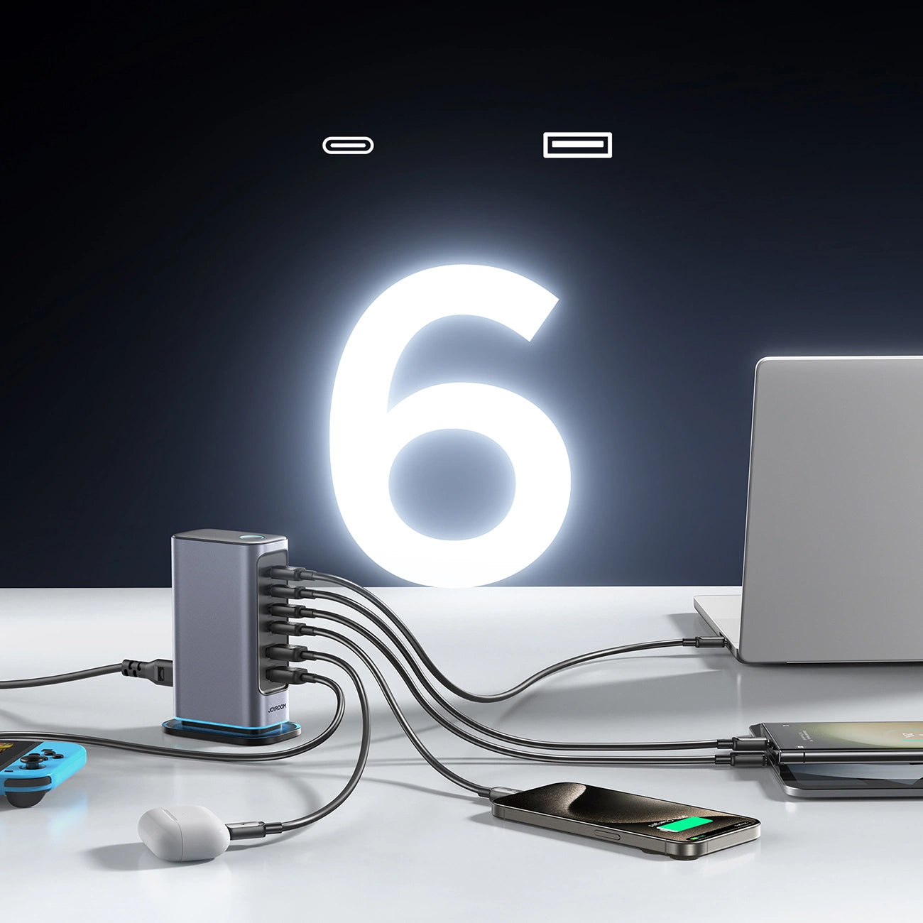 Caricabatterie Stazione Joyroom JR-TCM02, 65W, 3.25A, 2 x USB-A - 4 x USB-C, Grigio