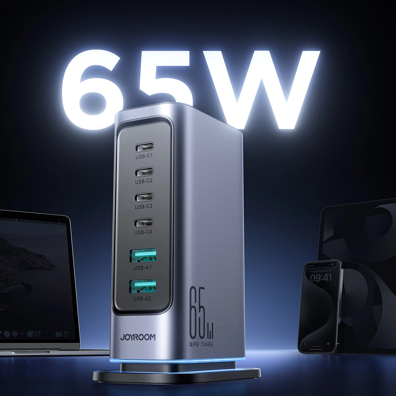 Caricabatterie Stazione Joyroom JR-TCM02, 65W, 3.25A, 2 x USB-A - 4 x USB-C, Grigio