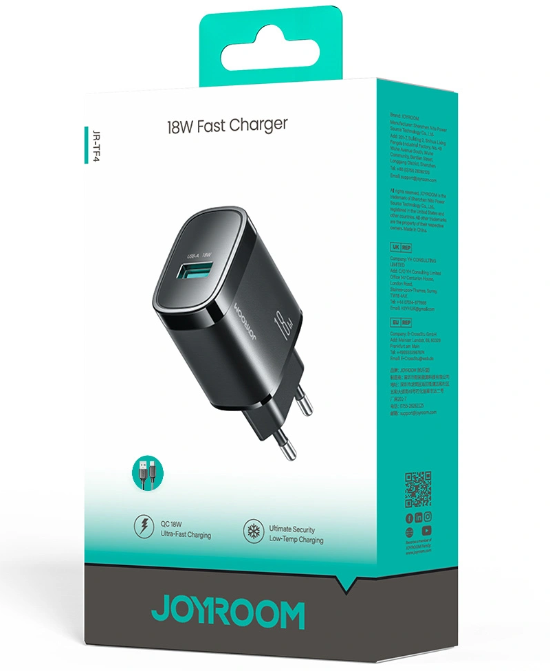 Joyroom JR-TF4 Wall Charger, 18W, 3A, 1 x USB-A, Black