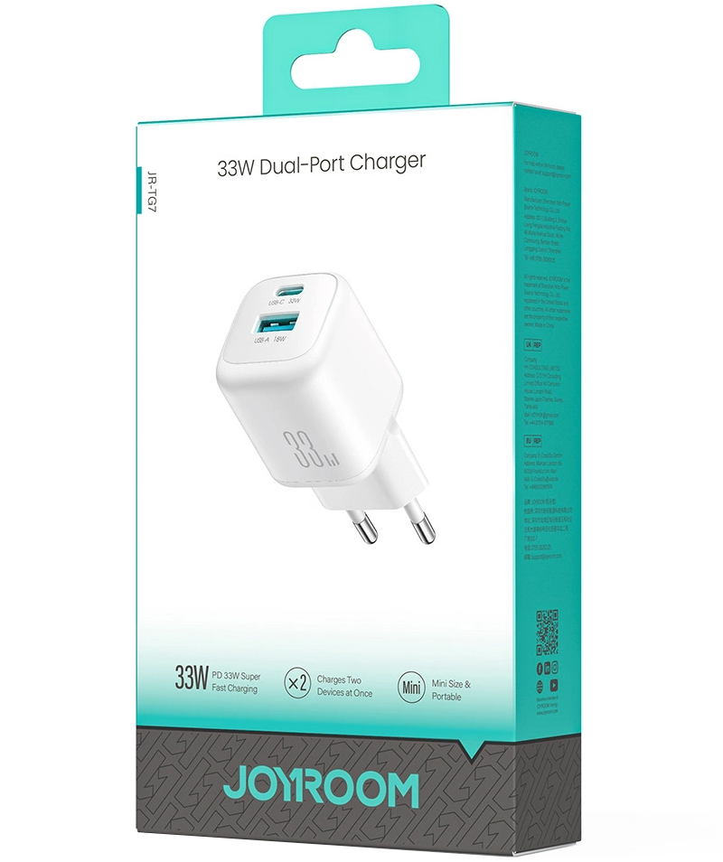Caricabatterie Retea Joyroom JR-TG7, 33W, 3A, 1 x USB-A - 1 x USB-C, Bianco