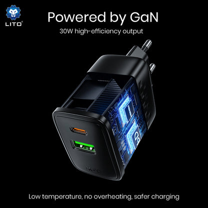 Lito LC19 Network Charger, 30W, 3A, 1 x USB-A - 1 x USB-C, Black