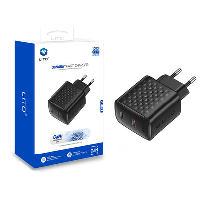 Caricabatterie Rete Lito LC22, 45W, 3A, 2 x USB-C, Nero