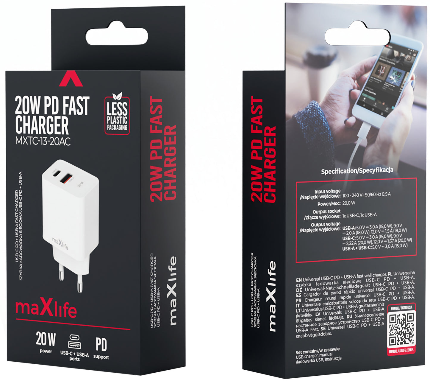Caricabatterie Rete MaXlife MXTC-13-20AC, 20W, 3A, 1 x USB-A - 1 x USB-C, Bianco