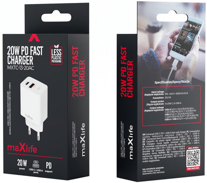 Caricabatterie Rete MaXlife MXTC-13-20AC, 20W, 3A, 1 x USB-A - 1 x USB-C, Bianco