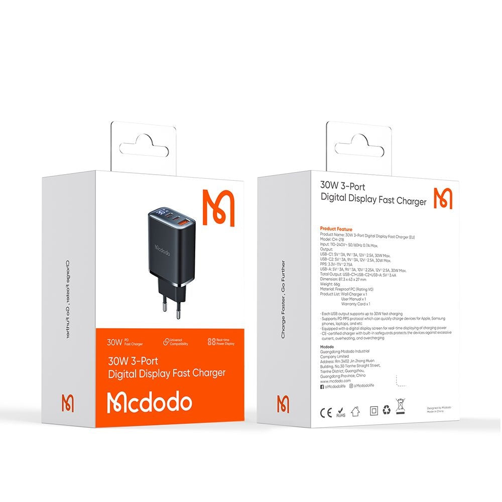 Caricabatterie Rete McDodo CH-2180 Display, 30W, 3A, 1 x USB-A - 2 x USB-C, Nero