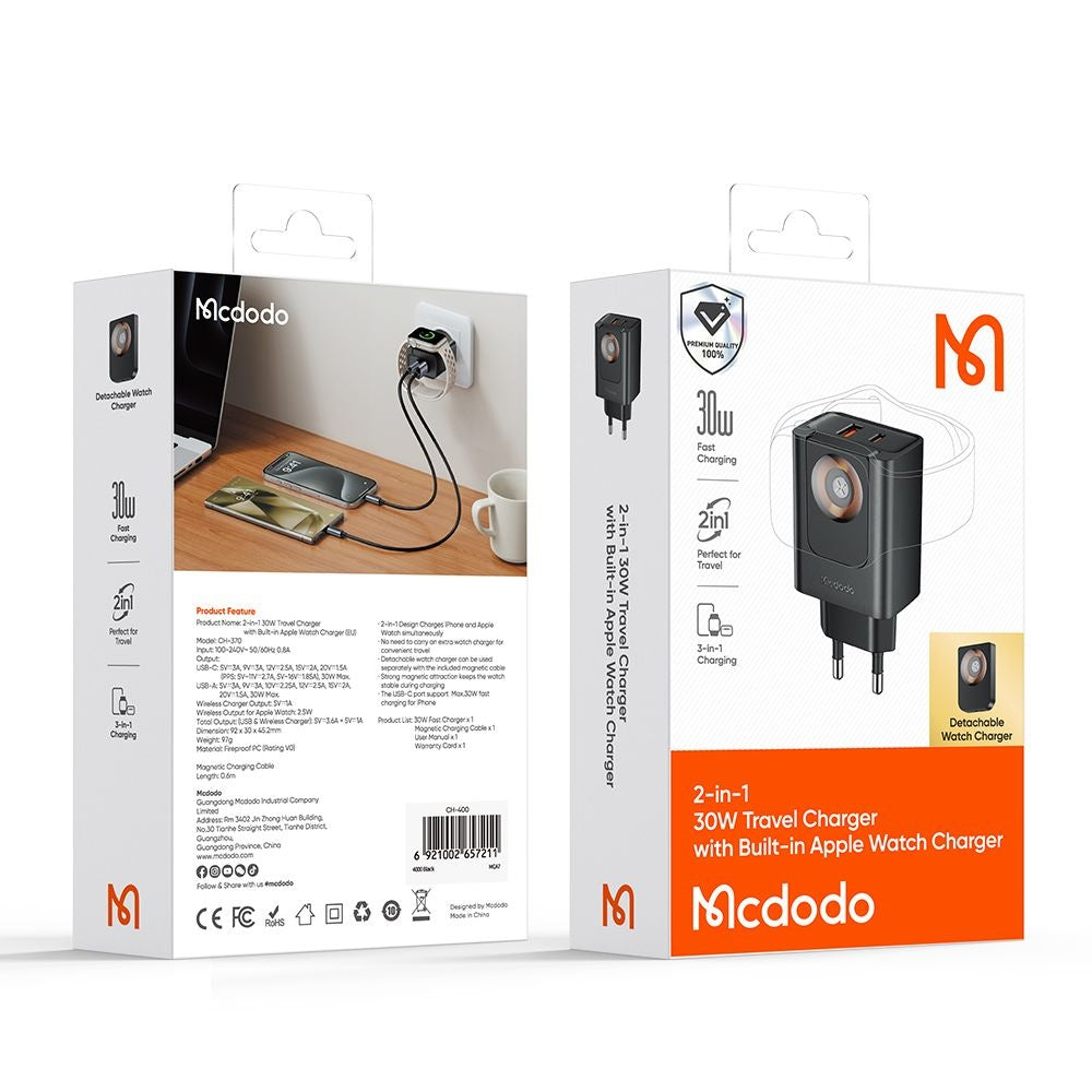 Caricabatterie Rete McDodo CH-3700 Companion, 30W, 3A, 1 x USB-A - 1 x USB-C, Nero