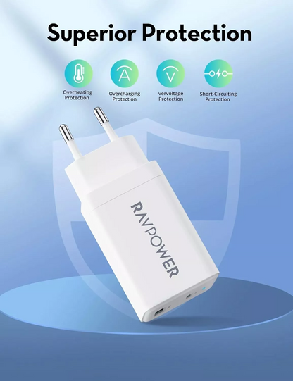 Caricatore da rete RavPower RP-PC171, 45W, 3A, 1 x USB-A - 1 x USB-C, Bianco
