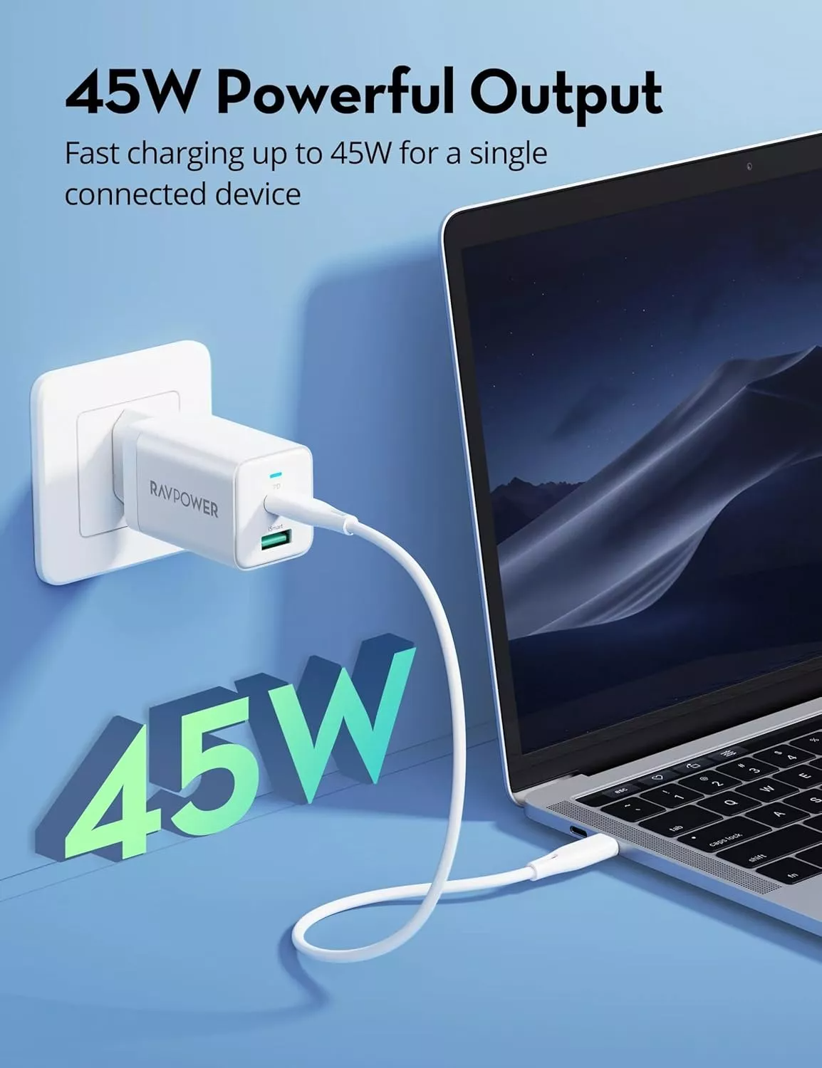 Caricatore da rete RavPower RP-PC171, 45W, 3A, 1 x USB-A - 1 x USB-C, Bianco
