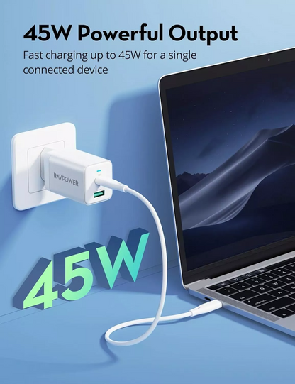 Caricatore da rete RavPower RP-PC171, 45W, 3A, 1 x USB-A - 1 x USB-C, Bianco