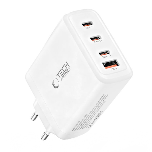 Caricabatterie Retea Tech-Protect NC120W-GAN, 120W, 5A, 1 x USB-A - 3 x USB-C, Bianco