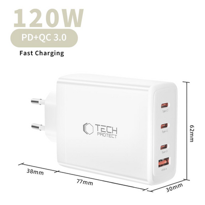 Caricabatterie Retea Tech-Protect NC120W-GAN, 120W, 5A, 1 x USB-A - 3 x USB-C, Bianco