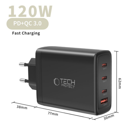 Caricabatterie Retea Tech-Protect NC120W-GAN, 120W, 5A, 1 x USB-A - 3 x USB-C, Nero