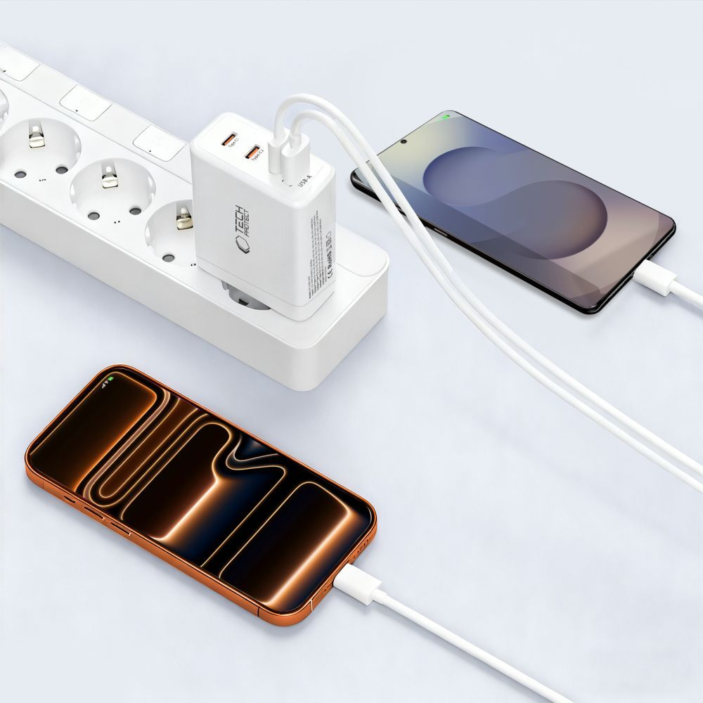 Caricabatterie Retea Tech-Protect NC120W-GAN, 120W, 5A, 1 x USB-A - 3 x USB-C, Bianco