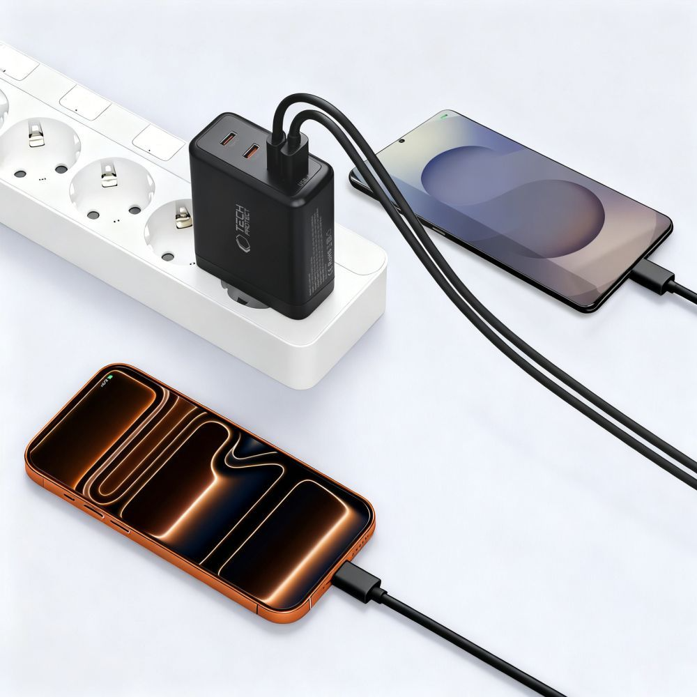Caricabatterie Retea Tech-Protect NC120W-GAN, 120W, 5A, 1 x USB-A - 3 x USB-C, Nero