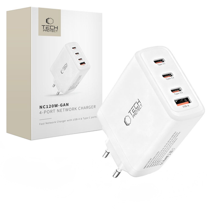 Caricabatterie Retea Tech-Protect NC120W-GAN, 120W, 5A, 1 x USB-A - 3 x USB-C, Bianco